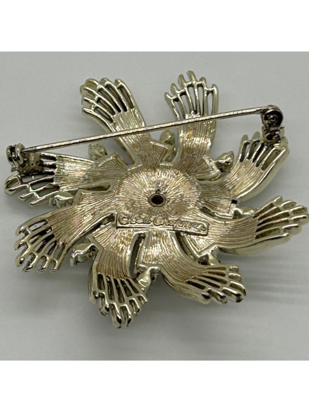 Vintage Ceil Chapman Brooch Gold Tone Pearl Rhinestone Flower Statburst Atomic - Picture 3 of 12